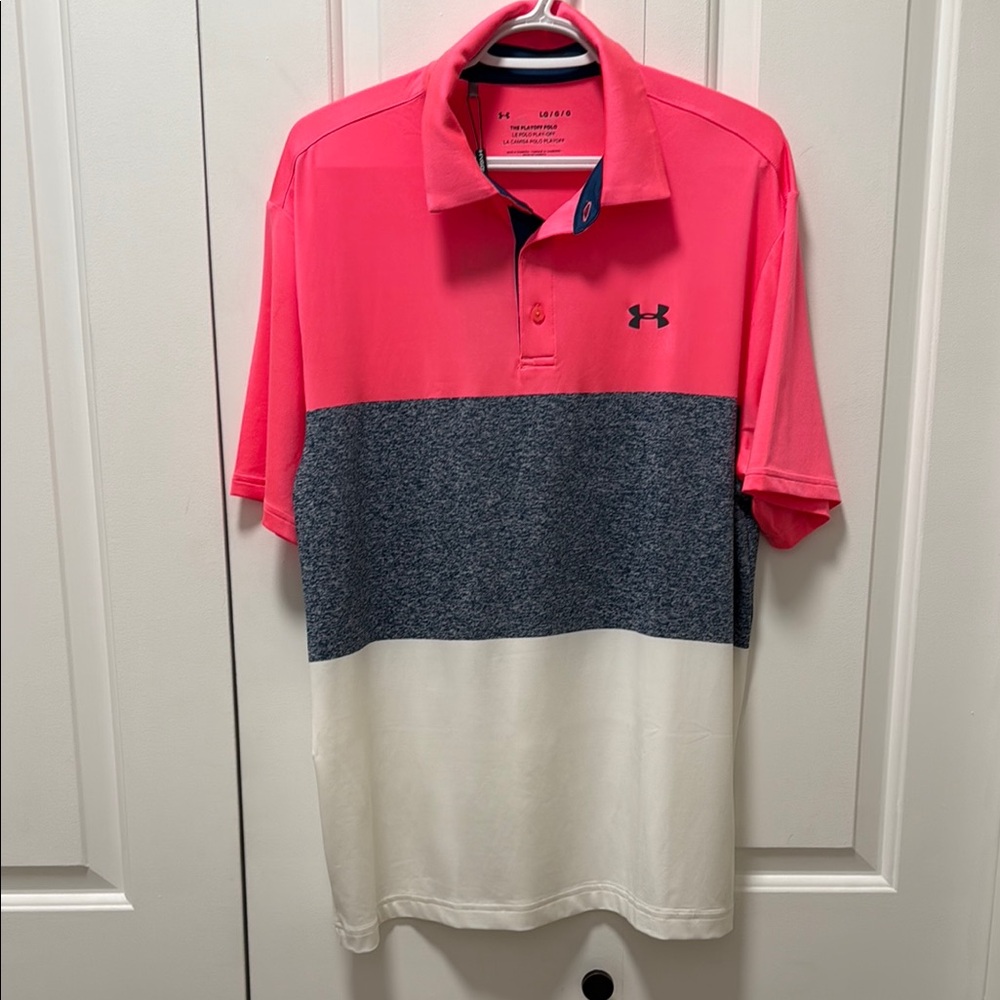 New with tags, Mens Under Armour, Pink, Gray, and White Polo Shirt, size Large